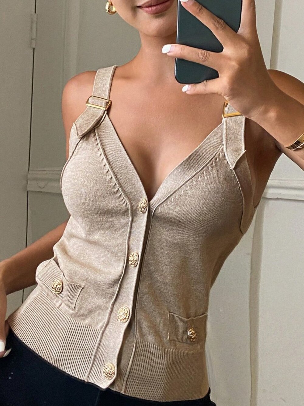 Khaki Casual Women's V-Neck Sleeveless Elegant Thin Knit Tank Top Camisole - Picture 3 of 7